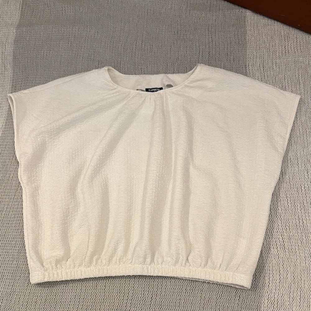 Express Textured Cap Sleeve Top | White Stretch Blouse | Size L